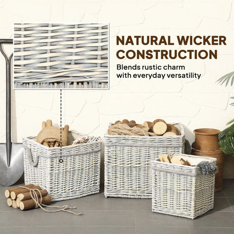 Outsunny Set of 3 Log Baskets for Wood Burner Indoor, Round Storage Basket with Lining and Rope Handles for Fireside Storage, Blankets, Beige