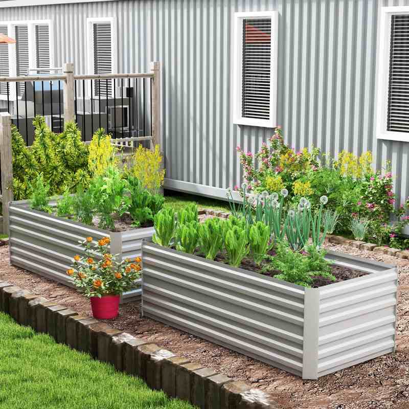 Outsunny Set of 2 Raised Beds for Garden, Galvanised Steel Outdoor Planters with Multi-reinforced Rods for Vegetables, Plants, Flowers and Herbs, 180 x 90 x 59 cm, Light Grey