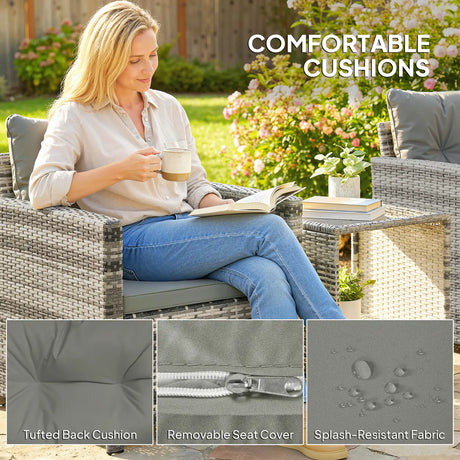 Outsunny Rattan Bistro Set, 3 Piece Garden Furniture Set with 2 Tier Glass Top Table and Cushions, Mixed Grey