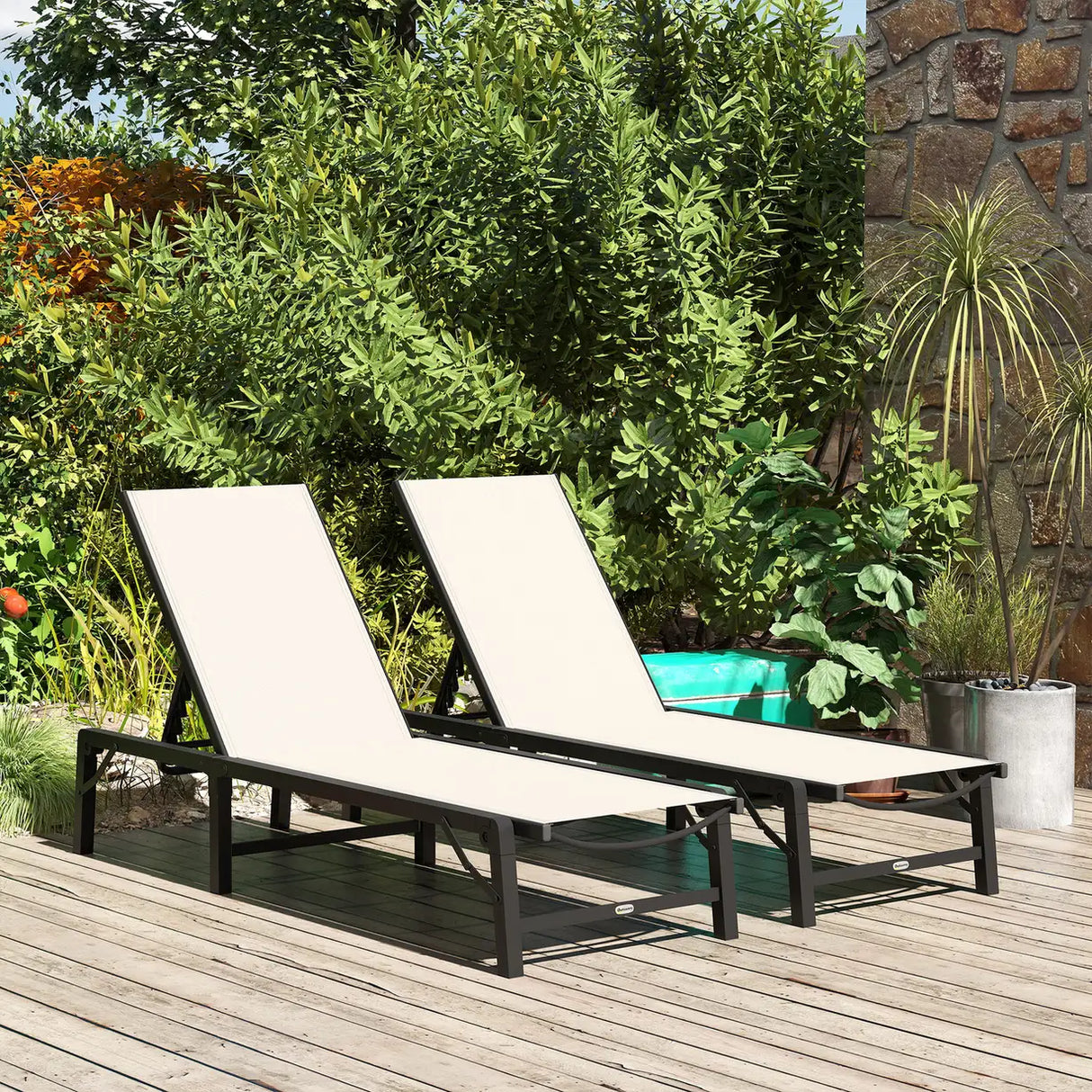 Outsunny Folding Sun Lounger Set of 2, 5-Position Adjustable Reclining Garden Loungers, Garden Chaise Lounge Sunbed Recliner Chairs with Steel Frame for Beach, Porch, Patio, Camping, Khaki