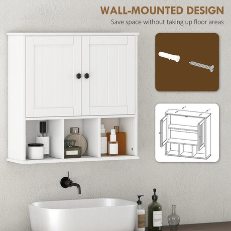 HOMCOM Farmhouse Bathroom Wall Cabinet, Wall Mounted Medicine Cabinet with Adjustable Shelf, Open Compartments, White
