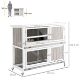 PawHut Wooden Pet Hutch, Two-Tier Cage with Rain Cover, Wheels, White