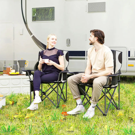 Outsunny Set of 2 Folding Camping Chairs, Padded Camping Chairs with Adjustable Armrests, Portable & Lightweight Folding Camp Chair with Cooler Bag, Cup Holder and Side Pockets, Black