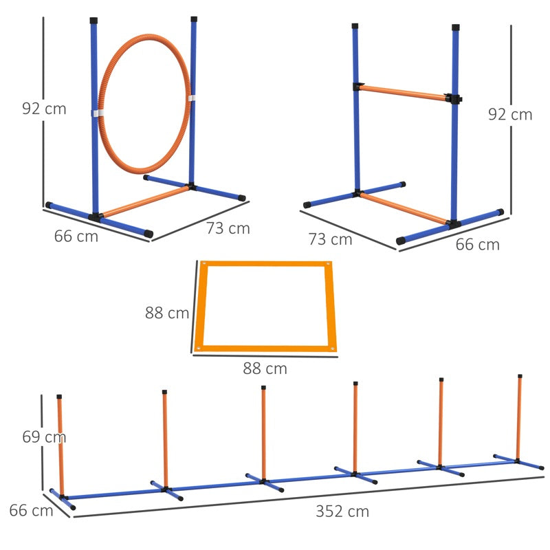 PawHut Eight-Piece Dog Agility Equipment Set with Weave Poles, Jump Ring, Hurdle, Pause Box, Training Shorts, Bag, Orange