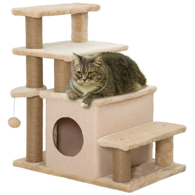 PawHut Adjustable Cat Steps, with House & Hanging Toy Ball - Beige