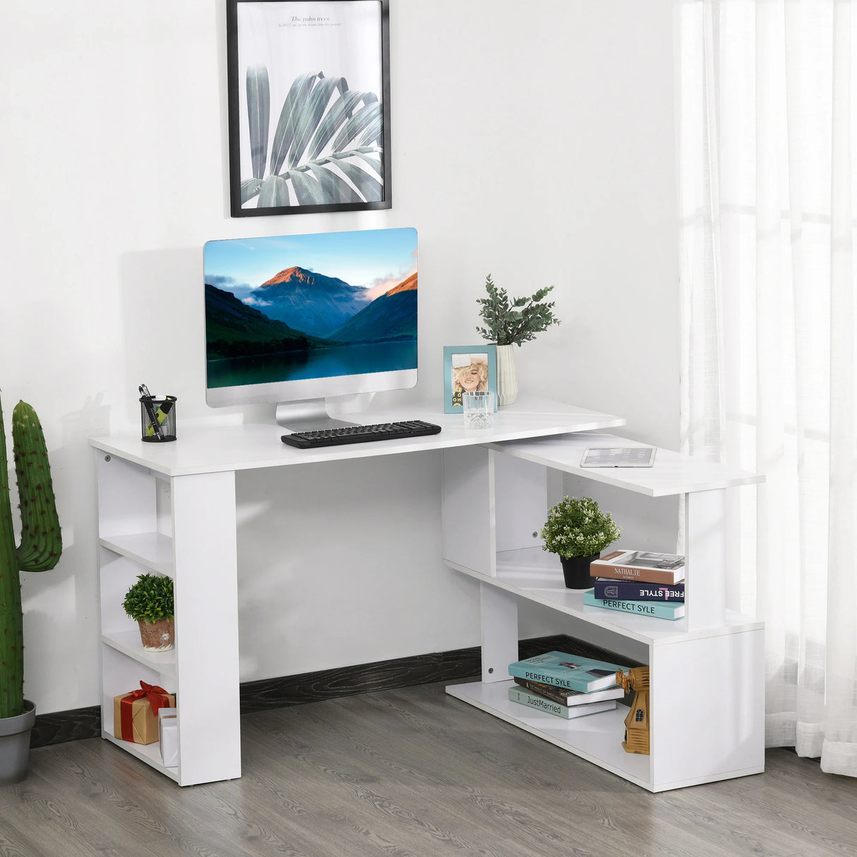 HOMCOM Corner Computer Desk, L Shaped Desk with 360 Rotating Bookshelf, 120L x 110W x 74.5H cm, White