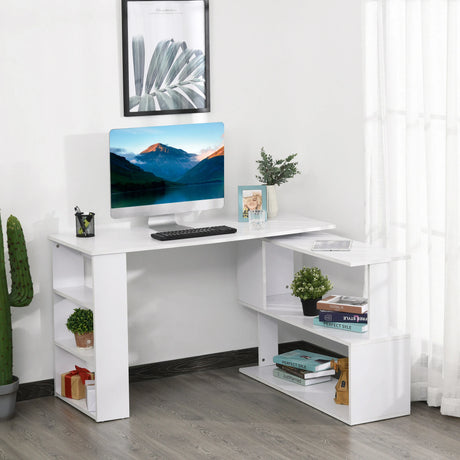 HOMCOM Corner Computer Desk, L Shaped Desk with 360 Rotating Bookshelf, 120L x 110W x 74.5H cm, White