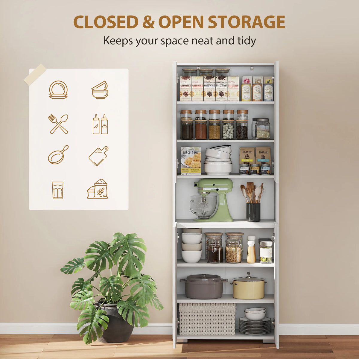 HOMCOM 180 cm Tall Kitchen Cupboard, Pantry Storage Cabinet with Soft Close Doors and Adjustable Shelves, High Gloss White