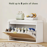 HOMCOM Boho Shoe Bench with Padded Seat and Flip-Drawer - White