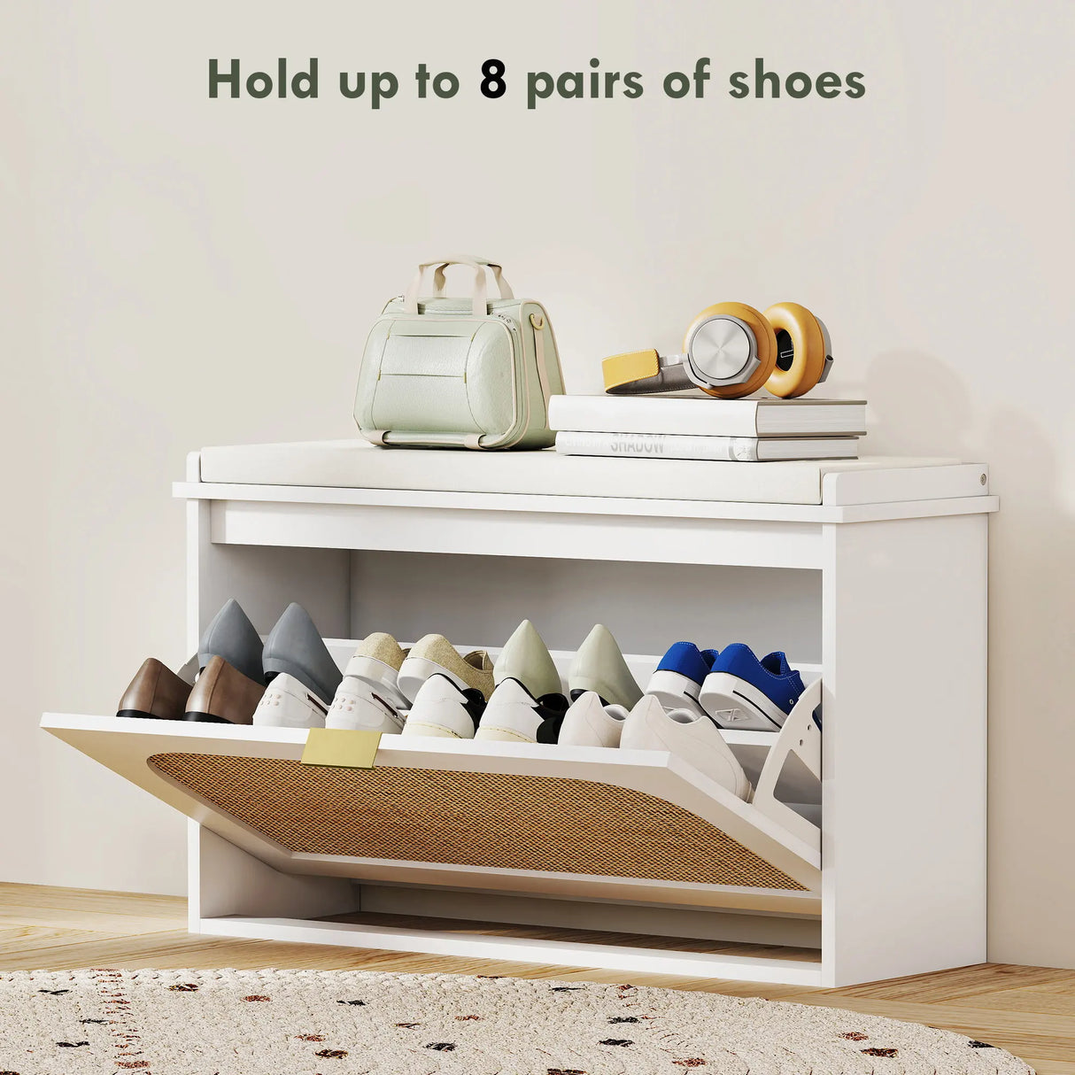 HOMCOM Boho Shoe Bench with Padded Seat and Flip-Drawer - White