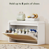 HOMCOM Boho Shoe Bench with Padded Seat and Flip-Drawer - White