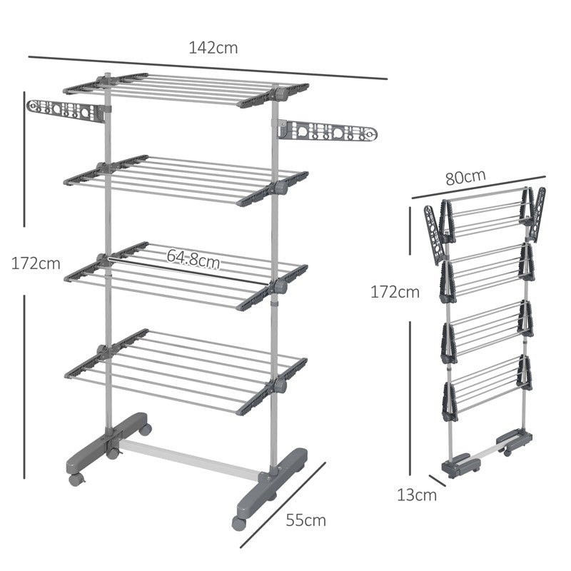 HOMCOM Four-Shelf Collapsing Clothes Horse, With Side Arms and Wheels - Grey