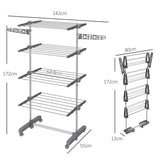 HOMCOM Four-Shelf Collapsing Clothes Horse, With Side Arms and Wheels - Grey