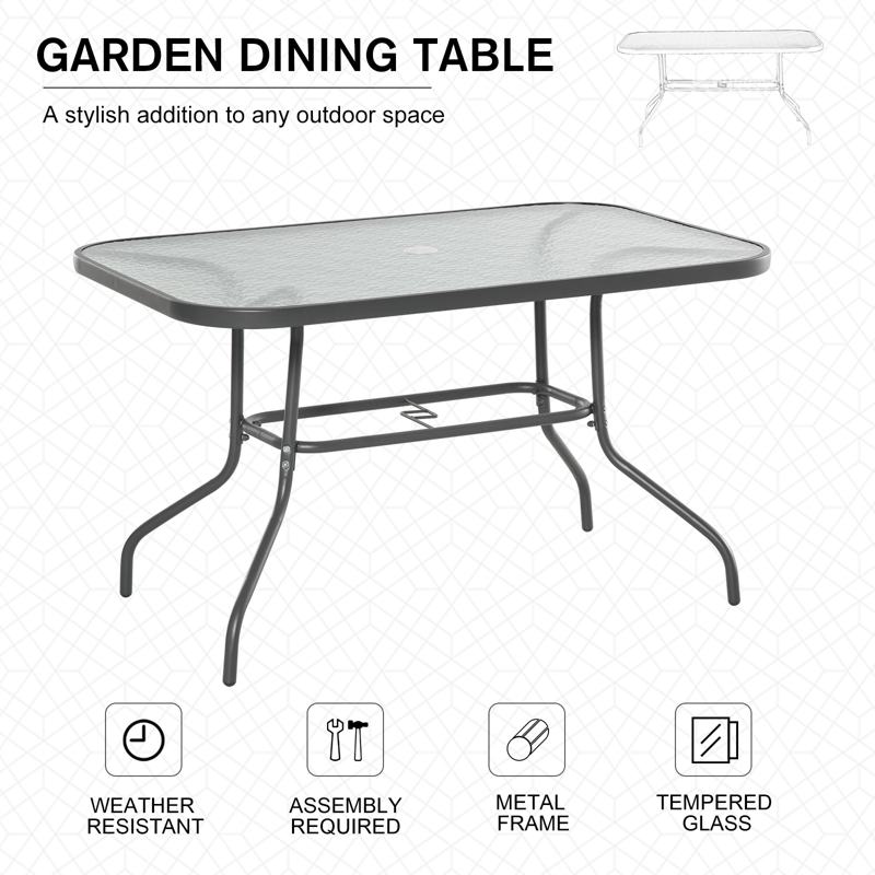 Outsunny Garden Dining Table Glass Top Metal Frame with Parasol Hole Outdoor Balcony Grey 120L x 80Wcm