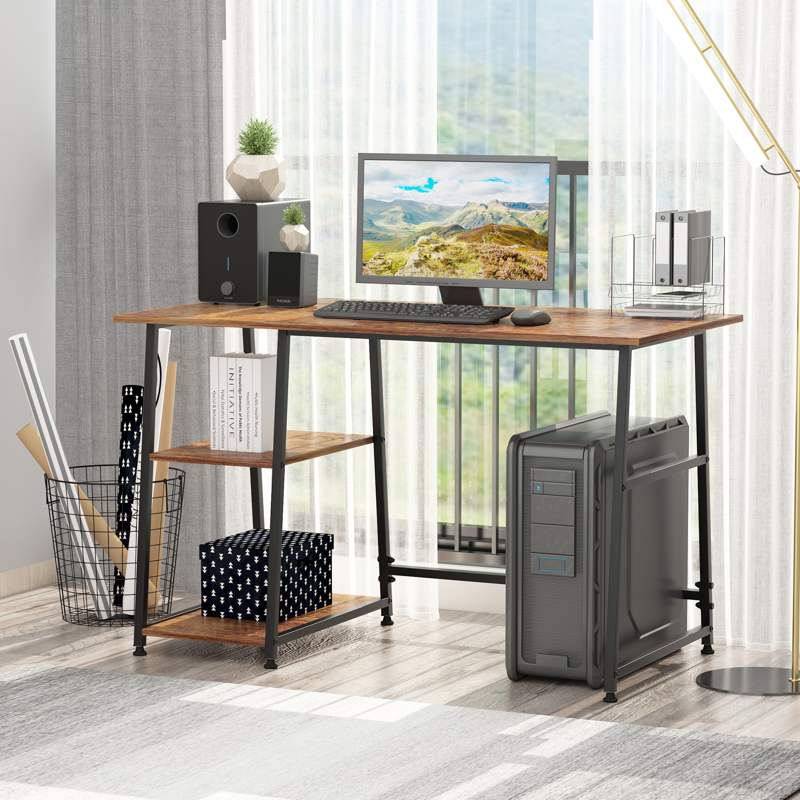 HOMCOM Computer Desk with Storage, Industrial Home Office Desk with 2 Tier Shelves and Steel Frame, Work Desk for Study Room, Black and Rustic Brown