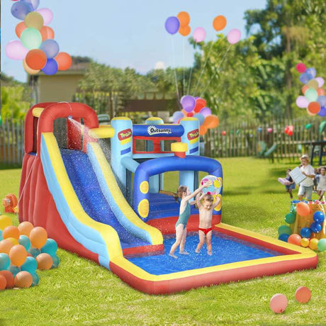 Outsunny 4 in 1 Bouncy Castle, with Slide, Pool, Trampoline, Climbing Wall, Blower - Multicoloured