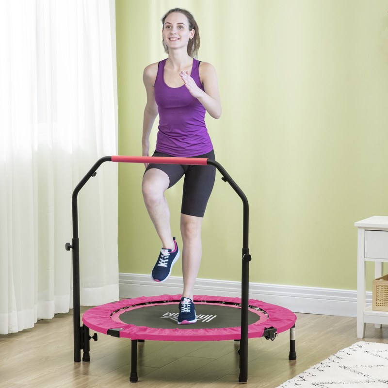 HOMCOM 40" Foldable Mini Fitness Trampoline, with Adjustable Foam Handle, Pink