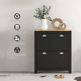 HOMCOM 2 Drawer Shoe Cabinet Modern Narrow Shoe Cupboard Hallway Wooden Storage Organiser with Flip Doors Adjustable Shelf for 6-12 Pairs, Black