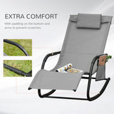 Outsunny 2PCs Outdoor Garden Rocking Chair, Patio Sun Lounger Rocker Chair with Breathable Mesh Fabric, Removable Headrest Pillow, Armrest, Side Storage Bag, Grey
