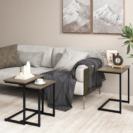 3 Pieces Multifunctional Coffee End Table Set-Oak