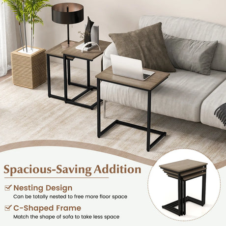 3 Pieces Multifunctional Coffee End Table Set-Oak