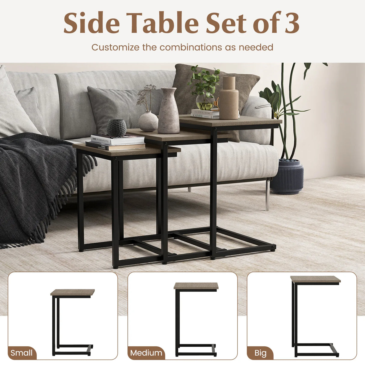 3 Pieces Multifunctional Coffee End Table Set-Oak