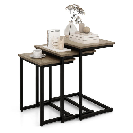 3 Pieces Multifunctional Coffee End Table Set-Oak