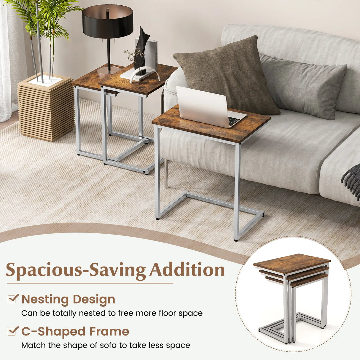 3 Pieces Multifunctional Coffee End Table Set-Rustic Brown