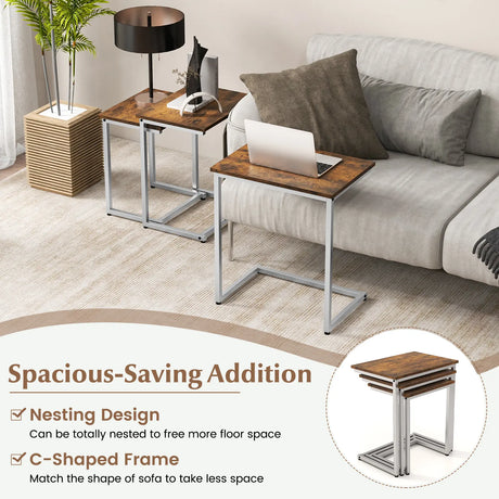 3 Pieces Multifunctional Coffee End Table Set-Rustic Brown