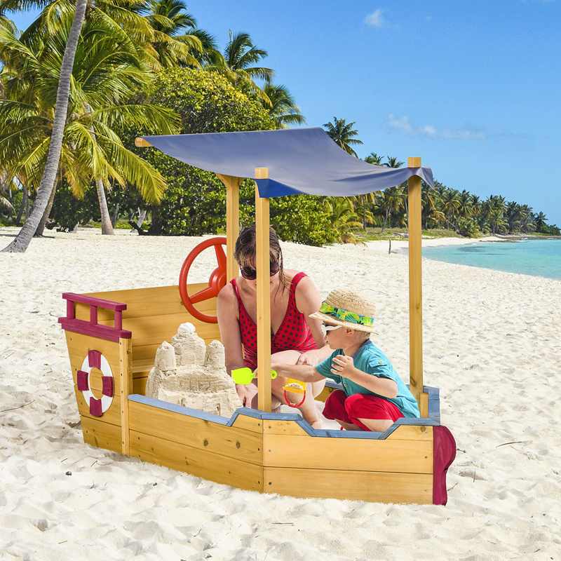 Outsunny Kids Wooden Sand Pit Children Sandbox Pirate Ship Sandboat Play Station for Outdoor w/ Canopy Shade Storage Bench Bottom Liner