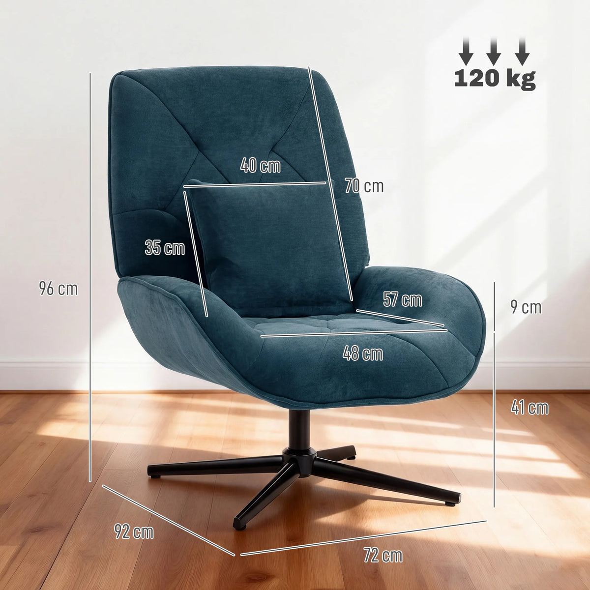 HOMCOM Accent Chair, Chenille Upholstered Swivel Armchair with Lumbar Pillow, High Back, Deep Seat and Metal Legs, Dark Green