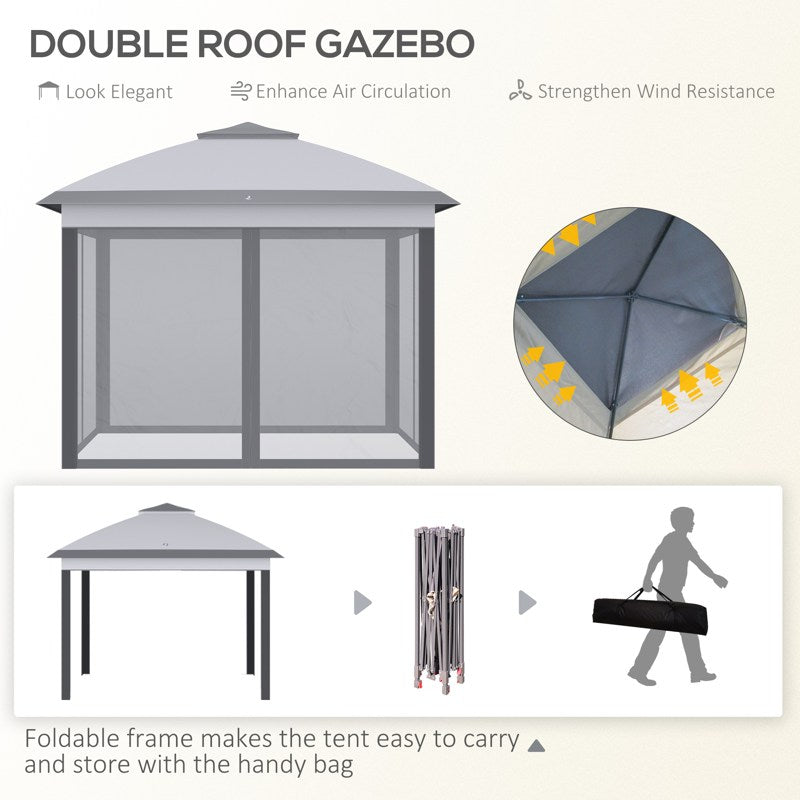 Outsunny 3.3 x 3.3m Pop Up Gazebo, Double Roof Foldable Canopy Tent with Zipped Mesh Sidewalls, Height Adjustable and Carrying Bag, Event Tent for Patio Garden, Grey