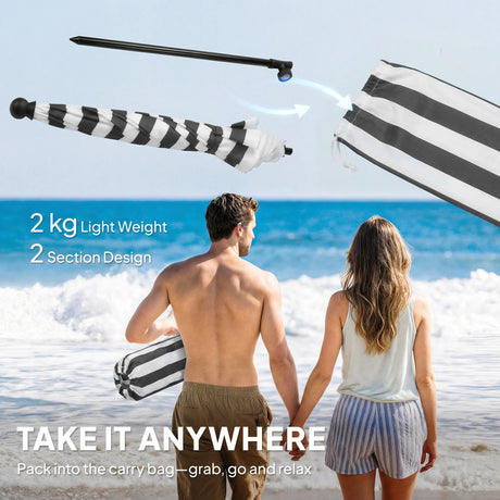 Outsunny 1.8 m Beach Umbrella Parasol with Sand Anchor, Portable 30 Tilting Patio Sun Shade with Adjustable Height, Grey/White