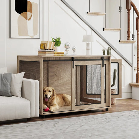 PawHut Dog Crate Furniture with Sliding Door for XL Dogs, Brown