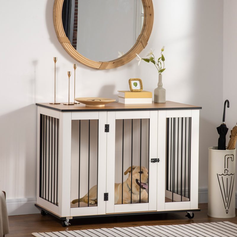 PawHut Dog Crate Furniture, Dog Cage End Table with Wheels, Lockable Door, for Medium Dogs, 106 x 60 x 82 cm - White