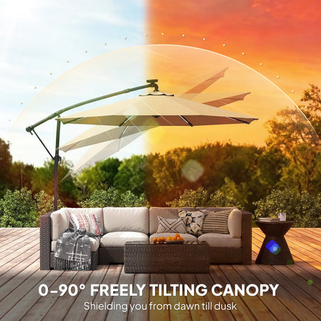 Outsunny 3 m Garden Cantilever Parasol with LED Solar Light, Round Overhanging Umbrella with 360 Rotation, Cover, Khaki