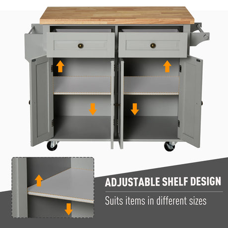 HOMCOM Rolling Kitchen Island Storage Trolley with Rubber Wood Top & Drawers for Dining Room, Grey
