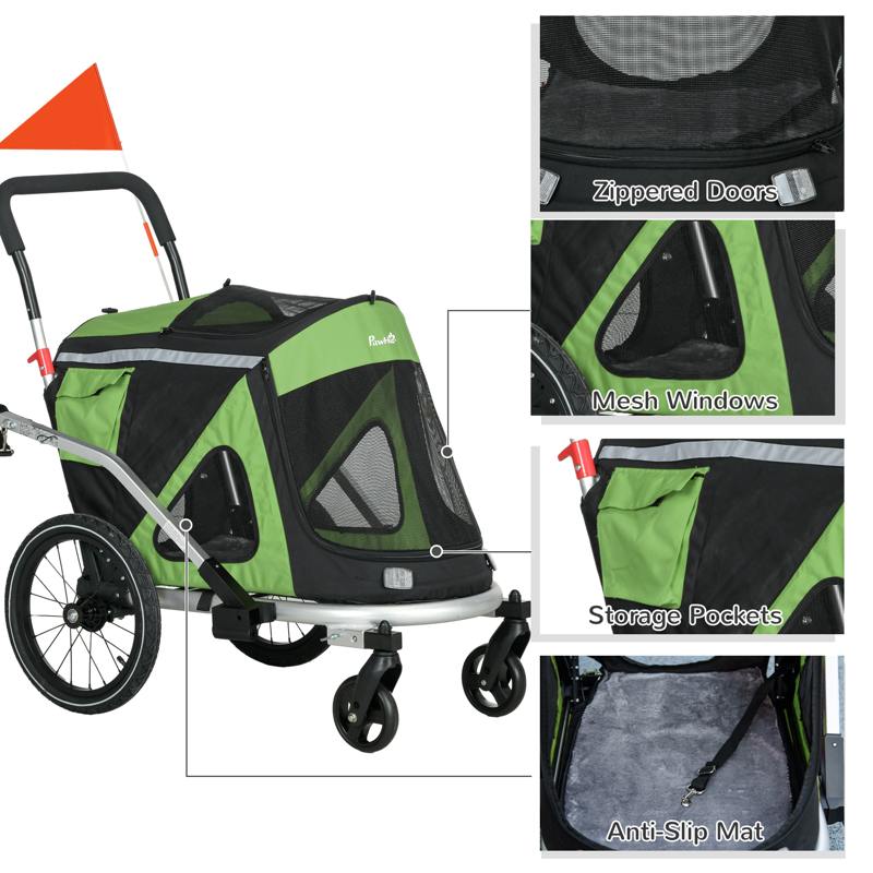 PawHut 2 in 1 Aluminium Foldable Dog Bike Trailer, Pet Stroller, for Medium Dogs - Green