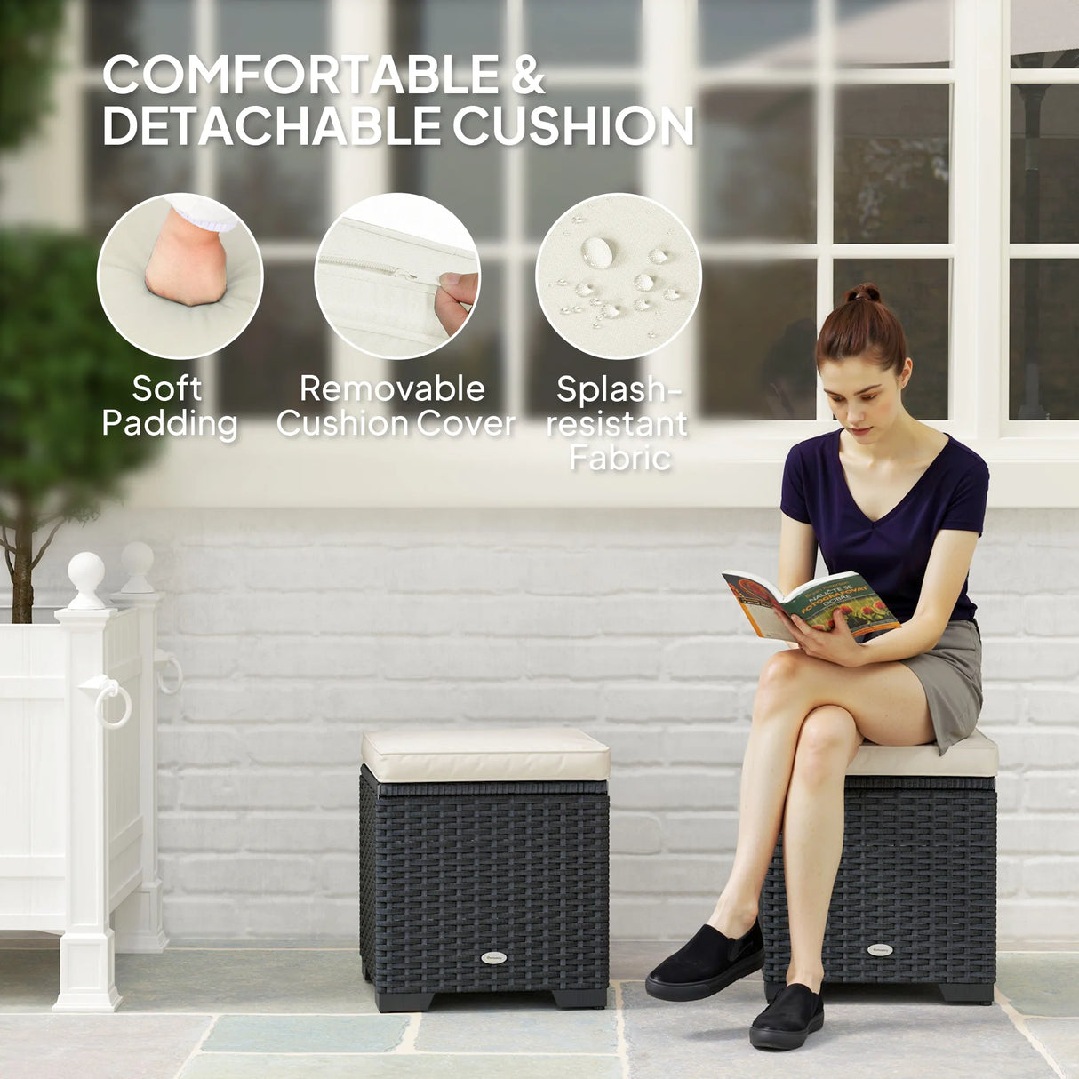 Outsunny Set of 2 Rattan Storage Ottoman, Outdoor Footstool with Removable Cushions, Garden Storage Seat for Balcony, Porch, Living Room, Cream