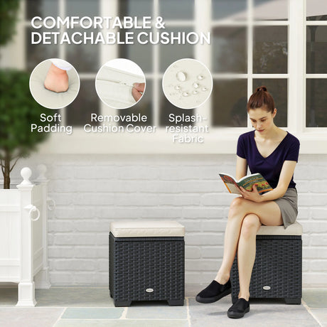 Outsunny Set of 2 Rattan Storage Ottoman, Outdoor Footstool with Removable Cushions, Garden Storage Seat for Balcony, Porch, Living Room, Cream