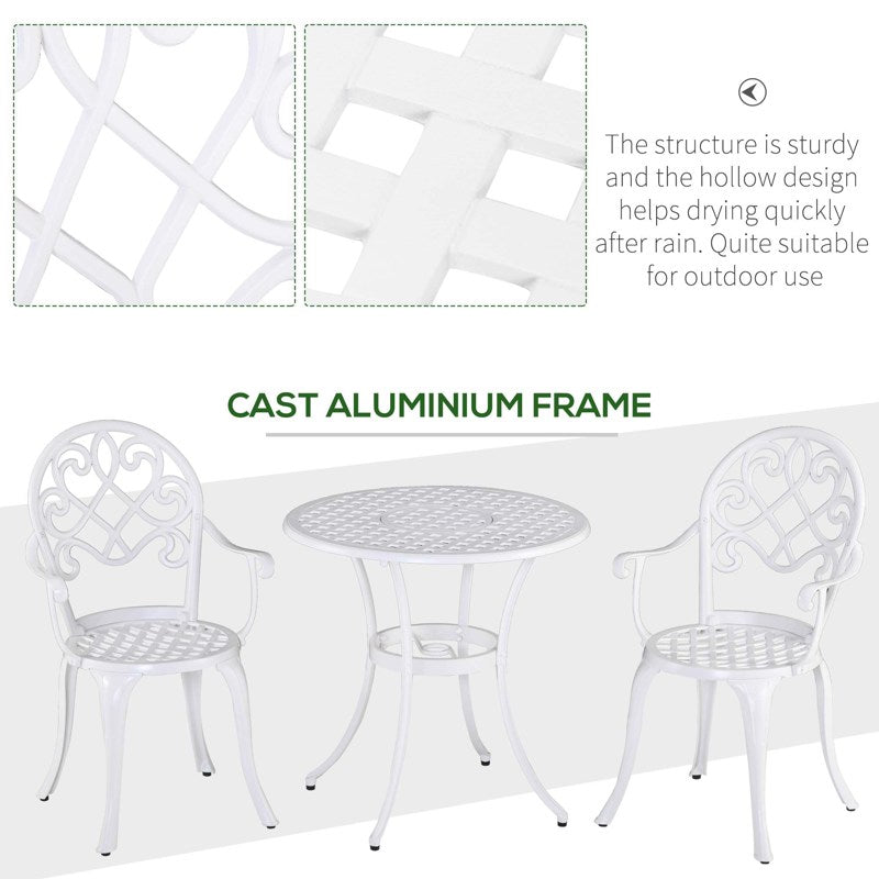 Outsunny 3PCs Garden Bistro Set Cast Aluminium Round Table with 2 Chairs for Outdoor Patio Balcony White