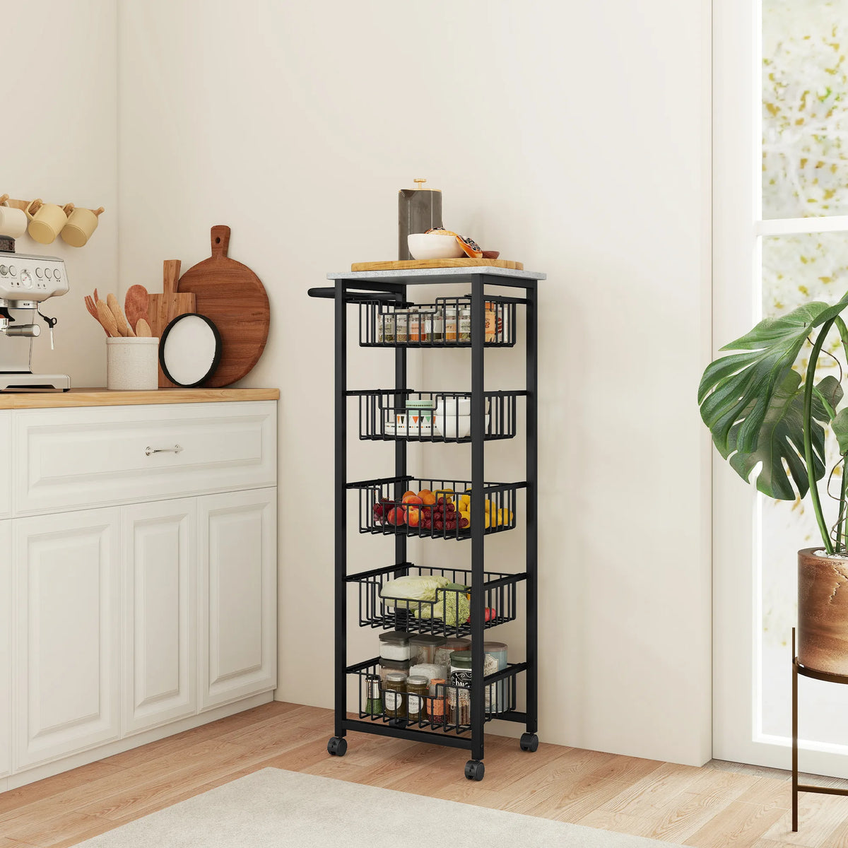HOMCOM Five Basket Mobile Kitchen Island, with Brakes - Grey/Black