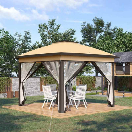 Outsunny 3.3 x 3.3m Pop Up Gazebo, Double Roof Foldable Canopy Tent with Zipped Mesh Sidewalls, Height Adjustable and Carrying Bag, Event Tent for Patio Garden, Beige