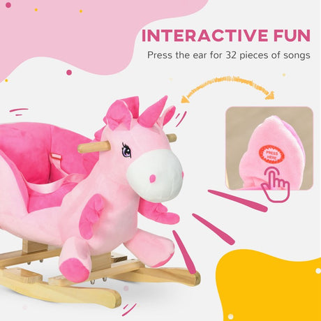 HOMCOM Kids Rocking Horse Ride on Unicorn with Songs, Wooden Base, Seatbelt, for Ages 18-36 Months, Pink