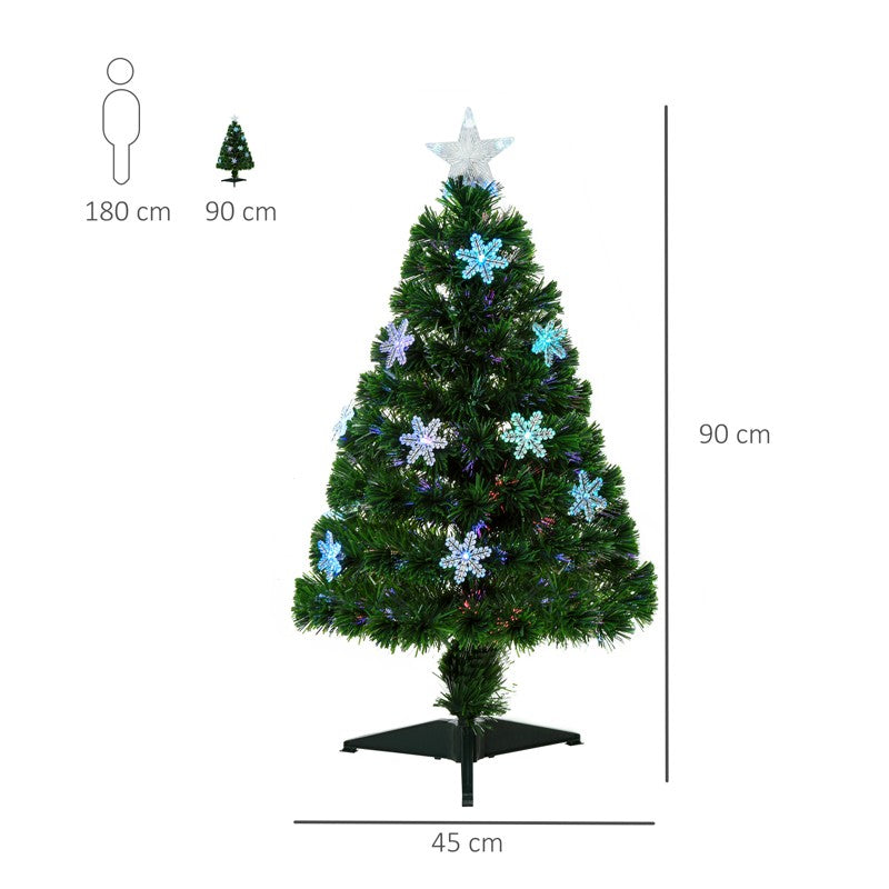 HOMCOM 3FT Green Fibre Optic Artificial Christmas Tree Xmas Colourful LED Scattered Tree with Snowflakes Ornaments Fireproofing