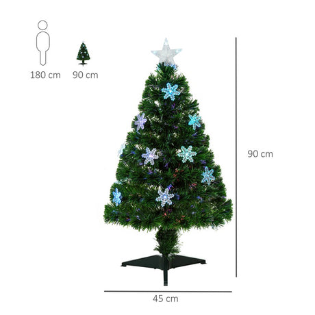 HOMCOM 3FT Green Fibre Optic Artificial Christmas Tree Xmas Colourful LED Scattered Tree with Snowflakes Ornaments Fireproofing