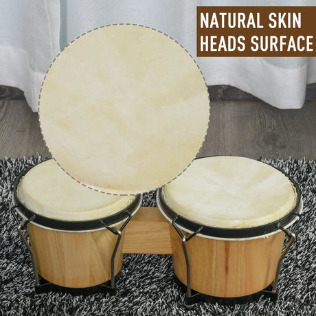 HOMCOM Wooden Bongo Drum Set 7.75" & 7" w/ Drum Head, Percussion Instrument, Drums, Tuning Wrench For Adults Beginners