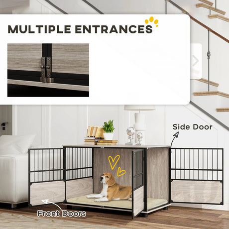 PawHut 100cm Furniture Style Dog Crate Dog Cage End Table Indoor with 3 Doors Soft Washable Cushion, for Large Sized Dogs