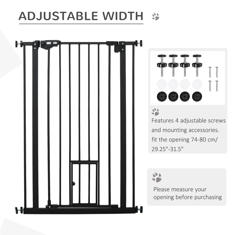 PawHut Extra Tall Pet Gate, Indoor Dog Safety Gate, with Cat Flap, Auto Close, 74-80cm Wide - Black