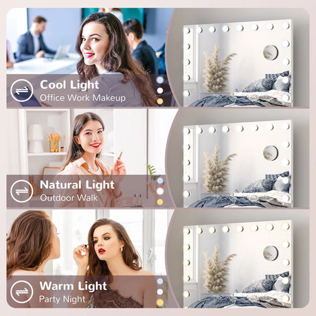 HOMCOM Hollywood Vanity Mirror with Lights, Large 80x62 cm Lighted Makeup Mirror with 3 Colour, 18 LED Bulbs, 10X Magnifying, USB Charging Port, Touch Screen, Tabletop or Wall Mounted Design, White